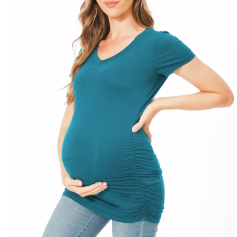 Motherhood Maternity teal blue v-neck short sleeve fitted tee size large